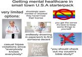Getting mental healthcare in small town U.S.A starterpack very limited shockingly open- options: minded or shocked they haven't lost their license you get the sense it's best to keep some things to yourself casual hipaa violations since "everybody knows everybody" endlessly drowning in paperwork to find someone decent ETHICS HONESTY INTEGRITY hope faith love "you should check out my cousin's bible study!"