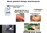 Most painful things starterpack Getting shampoo in your eye head& shoulders PRICE INC BANAPO CLASSIC CLEAN 32.1 FL OZ (950 ml) Getting hit by a lightsaber in the hand Being yelled at by your favorite teacher [adultswim.com] Hitting your knee