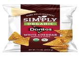 enlarged to show texture PURE DELICIOUSNESS SIMPLY ORGANIC Doritos WHITE CHEDDAR TORTILLA CHIPS FLAVORED guaranteed fresh until printed date USDA ORGANIC FLAVORS COLORS NET WT. 72 OZ. (212.6 g)