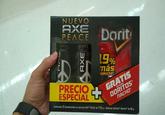 CE NUEVO AXE PEACE PEACE AXE PRECIO ESPECIAL + Dorit 19% más oducto GRATIS BOTANAS DORITOS ПАСНО® Contenido: 2 Desodorantes en aerosol AXE PEACE de 113 g + Botanas Doritos Nacho de 62 g