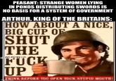 PEASANT: STRANGE WOMEN LYING IN PONDS DISTRIBUTING SWORDS IS NO BASIS FOR A SYSTEM OF GOVERNMENT ARTHUR, KING OF THE BRITAINS: HOW ABOUT A NICE, BIG CUP OF SHUT THE F--- cajoler UP imgflip.com INK BEFORE TOO OPEN YOUR STUPID MOUTO