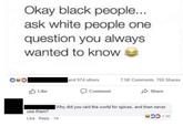 Okay black people... ask white people one question you always wanted to know and 974 others 7.5K Comments 765 Shares Like Comment Share use them? Why did you raid the world for spices, and then never Like Reply 1d 1.3K