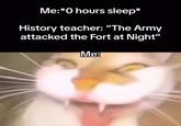 Me:*0 hours sleep* History teacher: "The Army attacked the Fort at Night" Me: