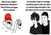 Why do you support Palestinian liberation ? They'd throw you gays off of rooftops! You literally voted for heritage foundation goons who are about to overturn gay marriage in the US. Spare us the concern trolling MAKE AMERICA GREAT AGAIN 11