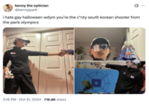 A "Gay Halloween" costume of "Kim Yeji the South Korean Pistol Shooter":https://knowyourmeme.com/memes/people/kim-yeji-the-south-korean-pistol-shooter.