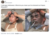 A "Gay Halloween" costume of "Hayao Miyazaki Looking Stressed":https://knowyourmeme.com/memes/hayao-miyazaki-looking-stressed.