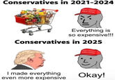 Conservatives in 2021-2024 AKE AMERICA GREAT AGAIN Everything is so expensive!!! Conservatives in 2025 WAKE AMERICA GREAT AGAIN I made everything even more expensive Okay!