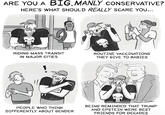 ARE YOU A BIG, MANLY CONSERVATIVE? HERE'S WHAT SHOULD REALLY SCARE YOU... 80 RIDING MASS TRANSIT IN MAJOR CITIES ROUTINE VACCINATIONS THEY GIVE TO BABIES ་་་ مين Tommy SIEGEL PEOPLE WHO THINK DIFFERENTLY ABOUT GENDER BEING REMINDED THAT TRUMP AND EPSTEIN WERE BEST FRIENDS FOR DECADES