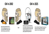 GW in 2002 GW in 2025 GAMES WORKSHOP Yeah, all the new Daemons have the "Chaos" branding because you can use 'em in 40K and WHFB. Each box comes with all the bases you need for both. Sweet. WARHAMMER OLD WOD GAMES WORKSHOP Noooooo you can't use the Old World kit for your Slaves to Darkness army! You have to buy the Chaos Warriors kit with the Age of Sigmar branding because we track system popularity with specific SKUs Nah, I need loads of these guys for my army, and this box has 36 models at $4.41 AUD/model instead of 10 at $11 AUD/model. F--- off.