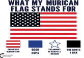 WHAT MY MURICAN FLAG STANDS FOR SACRIFICED BLOOD N' C-- GOOD THE AMOUNT OF DICKPILLS THE BOOTS COPS I LICK I REQUIRE THESE COLORS DON'T C--