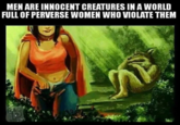 A meme using an image of Little Red Riding Hood walking away from a crying Big Bad Wolf after sex.
