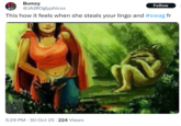 A tweet. The tweet reads, "This how it feels when she steals your lingo and #swag fr."