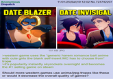 Anonymous Dispatch 11/01/25(Sat)19:12:02 No.724742207 DATE BLAZER DATE INVISIGAL 151 KB JPG >western game uses the "generic harem romance bait anime with cute girls the blank self-insert MC has to choose from" trope >it's popularity instantly skyrockets overnight and becomes the #1 selling game on steam Should more western games use anime/jrpg tropes like these or would it decrease the overall quality of games?