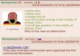 Anonymous (ID: ihbJeRXL) 02/23/22(Wed)03:16:16 No.362594484 77 KB PNG >starts ww1 >starts ww2 >creates the eu >cut off nuclear energy in the middle of energy crisis >cut off gas pipeline in the middle of energy crisis Why is this race so destructive Anonymous (ID: x2EFxpES) >>362594484 (OP) 02/23/22(Wed)03:19:19 No.362594718 They also invented communism and organized the first communist Revolution