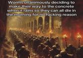 Worms unanimously deciding to make their way to the concrete when it rains so they can all die in the morning for no f------ reason