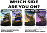 WHICH SIDE ARE YOU ON? THE FRANZER DIVISION TOTAL WAR SHIP BATTLES AT HOME O am once again unaware who drew the total war unit cards Superior in most ways to Land Ships Only 12 ever made (untill AoS) More can't be made (untill AoS) Heavy frontal armour Inferior in most ways to Steam Tanks Unclear how many there are More can be made More guns firing in more directions