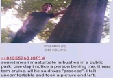 A 4chan post telling a fake story about Tom Cruise. The story is about Cruise catching anon pleasuring himself in the bushes and saying "proceed."