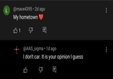 L @mave4395.2d ago My hometown B1 ☑ 回 @AAS_sigma • 1d ago I don't car. It is your opinion I guess 回 ...