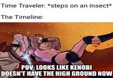 Time Traveler: *steps on an insect* The Timeline: POV: LOOKS LIKE KENOBI DOESN'T HAVE THE HIGH GROUND NOW imgflip.com