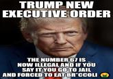 TRUMP NEW EXECUTIVE ORDER THE NUMBER 67 IS NOW ILLEGAL AND IF YOU SAY IT YOU GO TO JAIL AND FORCED TO EAT BR*CCOLI imgflip.com