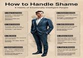 How to Handle Shame 8 Habits of Emotionally Intelligent People 1- Say it out loud Example: "I feel ashamed about how I reacted yesterday." Naming it helps you process it. 2- Detach Identity Remind yourself: this doesn't define me. Example: "I messed up but I'm still a good person." 3- Get Curious Example: "Why did that comment hit me so hard?" Curiosity > self-blame. 4- Set Boundries Spend less time with people who make you feel small Shame grows around unsafe people. 5- Be Kind Talk to yourself like someone you care about. Example: "It's okay. You're learning." 6- Share Safely Share it with a person you feel safe with, say: "Can I share something I've been carrying?" Talking helps release the weight 7-Extract Lessons Ask: "What triggered this?" "What is this feeling trying to teach me?" Shame usually points to something deeper. 8- Feel & Release Say to yourself:"I'm allowed to feel this and still move forward." The key is to let yourself feel it without judgment, and then let it pass.