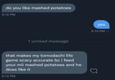 A DM exchange. The exchange is about mashed potatoes and the game Tomodachi Life.