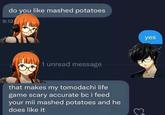 Two characters DMing about mashed potatoes. The characters are from Persona 5.