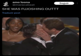 On January 16th, 2024, X user @maracabeat posted a now-deleted image showing actress Ayo Adebiri making an excited face while watching her co-stars kiss on stage during the Emmy Awards. The post was captioned, "SHE WAS FUJOSHING OUTT," and gathered an unknown number of likes. 