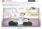 X user @funnyvileplume reacted to a comic strip showing Charlie Kirk's spirit mending Trump and Elon Musk's friendship, writing, "why is Charlie Kirk's spirit fujoshing tf out."