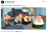 Post by X user @familyguyposter that shows a _Family Guy_ clip where Peter Griffin and Quagmire look on excitedly as their friends lean in for a kiss.