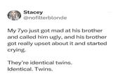 Stacey @nofilterblonde My 7yo just got mad at his brother and called him ugly, and his brother got really upset about it and started crying. They're identical twins. Identical. Twins.
