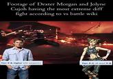 Footage of Dexter Morgan and Jolyne Cujoh having the most extreme diff fight according to vs battle wiki Tier: 9-B, higher with weaponry Tier: 9-C. At least 9-B.