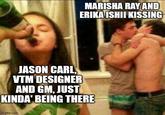MARISHA RAY AND ERIKA ISHII KISSING JASON CARL, VTM DESIGNER AND GM, JUST KINDA' BEING THERE imgflip.com