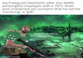 my Freeguild Steelhelm after the 400lb asmongold cosplayer with a 70°C fever and unwashed ass screams that he will be "receiving" a "gift" C7 made with mematic There is no Meme Please Help