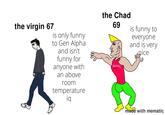 the virgin 67 is only funny to Gen Alpha and isn't the Chad 69 is funny to everyone and is very nice funny for anyone with an above room temperature iq OUCH! made with mematic
