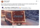 X user @mattlieb quoted a post by @sanji_joestar, where they shared an image from @Secret_Level's "behind the scenes" video showing them adding the Coca-Cola logo to scenes from their AI-generated advertisement.