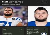 Matt Goncalves American football player The Fan Age 01 Current team Indianapolis 24 years Colts Follow จ