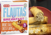 H-E-B Select ingredien FLAUTAS For BREAKFAST BRISKET. EGG& CHEESE FLAUTAS GO TEXAN 16 U.S. INSPECTED AND PASSED BY DEPARTMENT OF AGRICULTURE PROTEIN PER SERVING EST. 7184M SERVING SUGGESTION ENLARGED TO SHOW TEXTURE 6 COUNT KEEP FROZEN MICROWAVEABLE-READY TO COOK NET WT. 15 OZ (425g)
