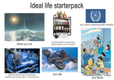 Ideal life starterpack where you live Medbed access free with your Federation Healthcare plan (reverse aging + cures all ailments) chemically treated for pleasant buzz without making you sick or hungover your country (united democratic humanity) your ride your family