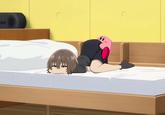 An edit of a meme of Anko on her bed. Kirby is latched onto her posterior.