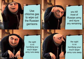 imgflip.com Use chlorine gas to wipe out the Russian garrisons you kill most of Russian army and injure any remaining the sight is so horrifying your much larger army runs away the sight is so horrifying your much larger army runs away