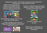 Autistic people who had unsupervised internet access as a kid starter pack Watched these grounded videos on YouTube (bonus points if these kids actually have (or had) a Goanimate channel and made grounded videos) If they used deviantart then there's a 90% chance they made posts like this Sometimes Types Like This For Some Reason If early-mid gen z, then they're obsessed with MLPFIM. If late Gen Z/ early gen alpha they are obsessed with loud house THANKS FOR AGREEING Or they made rant posts my LITTLE PON FRIENDSHIP MAGIC made with mematic THE LOUD HOUSE Gets into roleplays on deviantart comments sections