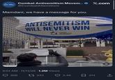 Combat Antisemitism Movem... @CombatASemitism Mamdani, we have a message for you. 0:09 X.com ANTISEMITISM WILL NEVER WIN COMBAT ANTISEMITISM MOVEMENT 9:01 AM 11/11/25 1.2M Views 856 1533 2.4K 214 <]