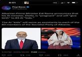 6:01 Pop Base @PopBase Albanian Prime Minister Edi Rama announces that his Al minister, Diella, is "pregnant” and will “give birth" to 83 Al "kids." The Al "kids” will serve as assistants to each of the 83 members of the Socialist Party of Albania. 5:18 PM - 2025/10/26 - 114K Views 307 17776 1,9K 383