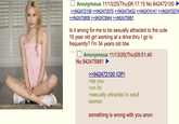 ☐ Anonymous 11/13/25(Thu)06:17:15 No.942472100 >>942472159 >>942473075 >>942473432 >>942474141 >>942475274 >>942475809 >>942475944 >>942475981 Is it wrong for me to be sexually attracted to the cute 19 year old girl working at a drive thru | go to frequently? I'm 34 years old btw. ☐ Anonymous 11/13/25(Thu)09:51:40 No.942475981 >>942472100 (OP). >be you >on /b/ >sexually attracted to adult women something is wrong with you anon