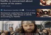 Netflix is concerned about some of its users 1,449 Likes BI Business Insider UK 1 hour ago Someone watched the Lord of the rings trilogy 300 times in 2018, according to Netflix 187 Likes My friend, you bow to no one