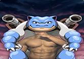 An edit of the Pokemon Blastoise. X user prowteinbox's chest replaces Blastoise's.