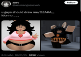 X user @azumangazaevoh posted their overweight furry OC and their Roblox avatar on October 21st, 2025.