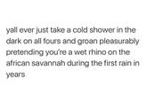 yall ever just take a cold shower in the dark on all fours and groan pleasurably pretending you're a wet rhino on the african savannah during the first rain in years