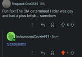 Frequent-One3549 15h Fun faxt:The CIA determined Hitler was gay and had a piss fetish... somehow 0 IndependentCookie939 • Now r/excuseme 5 1